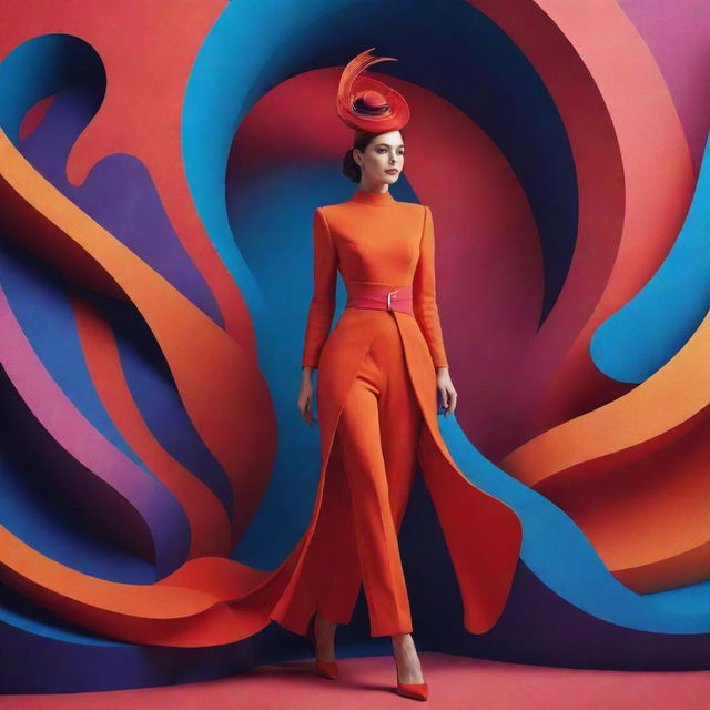 Elegant woman in vibrant, artistic outfit, amidst dynamic 3D elements and surreal backdrop.