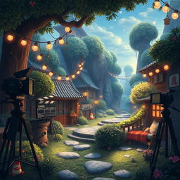 Create an image in the style of Studio Ghibli depicting a film set imagination landscape