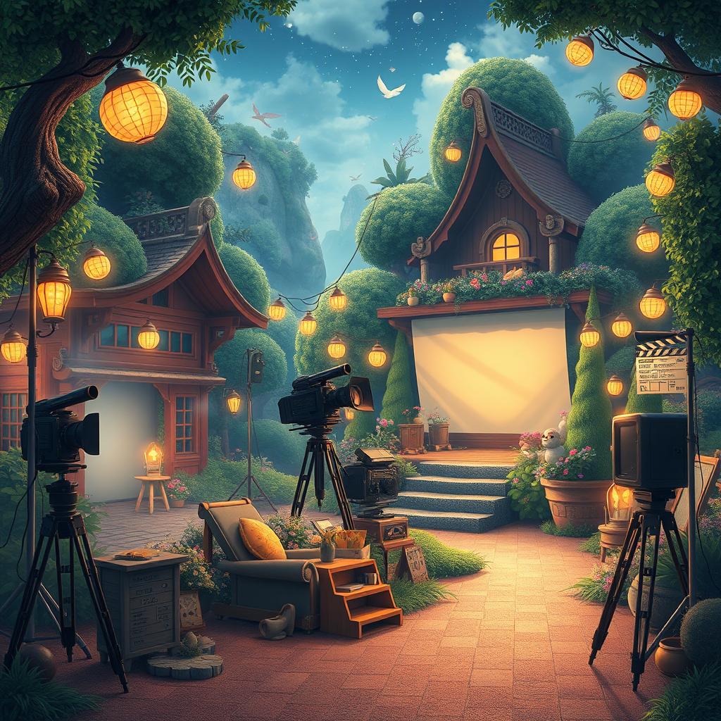 Create an image in the style of Studio Ghibli depicting a film set imagination landscape