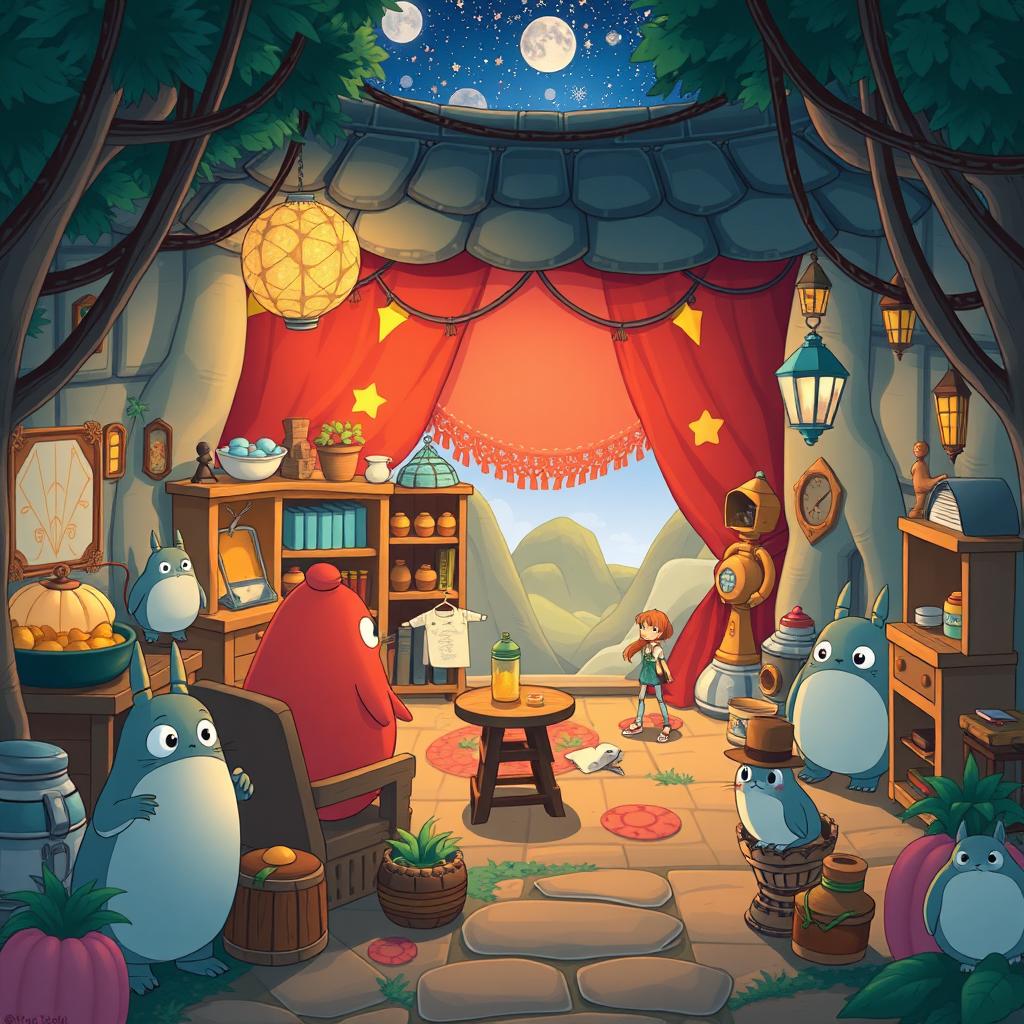 Create an image in the style of Studio Ghibli depicting an imaginative film set