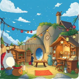 Create an image in the style of Studio Ghibli depicting an imaginative film set