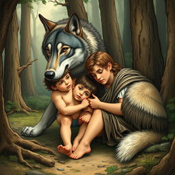 A detailed illustration of Romulus and Remus, the legendary twin brothers from Roman mythology, being nurtured by a she-wolf in a forest setting