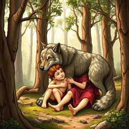 A detailed illustration of Romulus and Remus, the legendary twin brothers from Roman mythology, being nurtured by a she-wolf in a forest setting