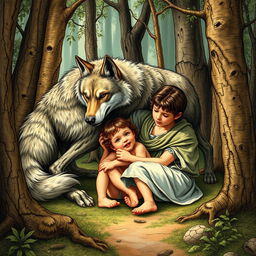 A detailed illustration of Romulus and Remus, the legendary twin brothers from Roman mythology, being nurtured by a she-wolf in a forest setting