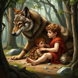 A detailed illustration of Romulus and Remus, the legendary twin brothers from Roman mythology, being nurtured by a she-wolf in a forest setting