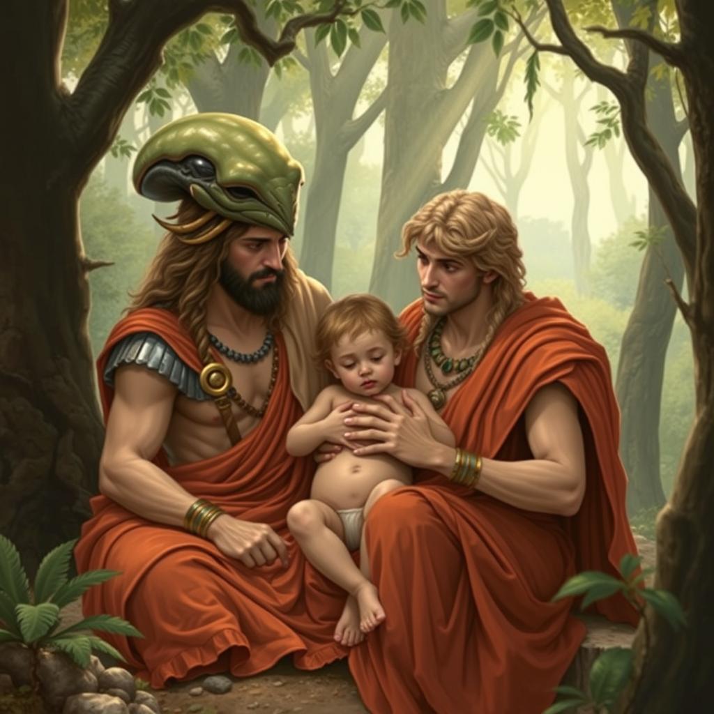 A detailed illustration of Romulus and Remus, the legendary twin brothers from Roman mythology, being nurtured by an alien instead of a she-wolf