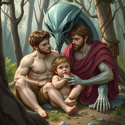 A detailed illustration of Romulus and Remus, the legendary twin brothers from Roman mythology, being nurtured by an alien instead of a she-wolf