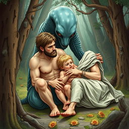 A detailed illustration of Romulus and Remus, the legendary twin brothers from Roman mythology, being nurtured by an alien instead of a she-wolf