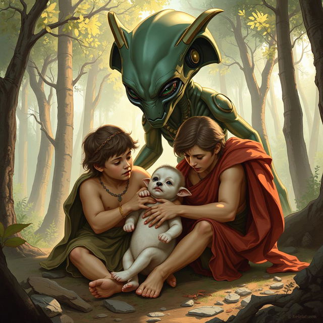 A detailed illustration of Romulus and Remus, the legendary twin brothers from Roman mythology, being nurtured by an alien instead of a she-wolf