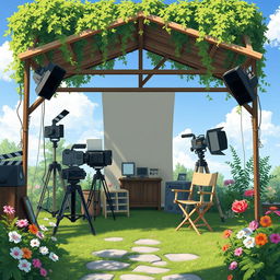 Create an image in the style of Studio Ghibli depicting an outdoor film studio