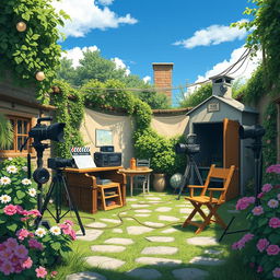 Create an image in the style of Studio Ghibli depicting an outdoor film studio