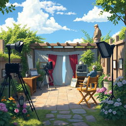 Create an image in the style of Studio Ghibli depicting an outdoor film studio