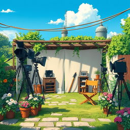 Create an image in the style of Studio Ghibli depicting an outdoor film studio