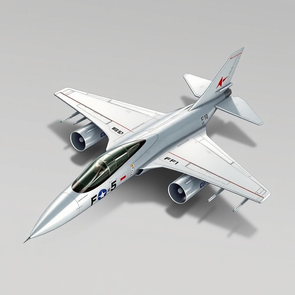 Create a detailed image of a compact aircraft design similar to the F-5, featuring a low-wing monoplane layout with a swept-back wing structure for enhanced aerodynamic performance