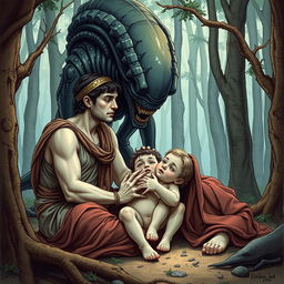 A detailed illustration of Romulus and Remus, the legendary twin brothers from Roman mythology, being nurtured by an alien from the movie 'Alien: The Eighth Passenger' instead of a she-wolf