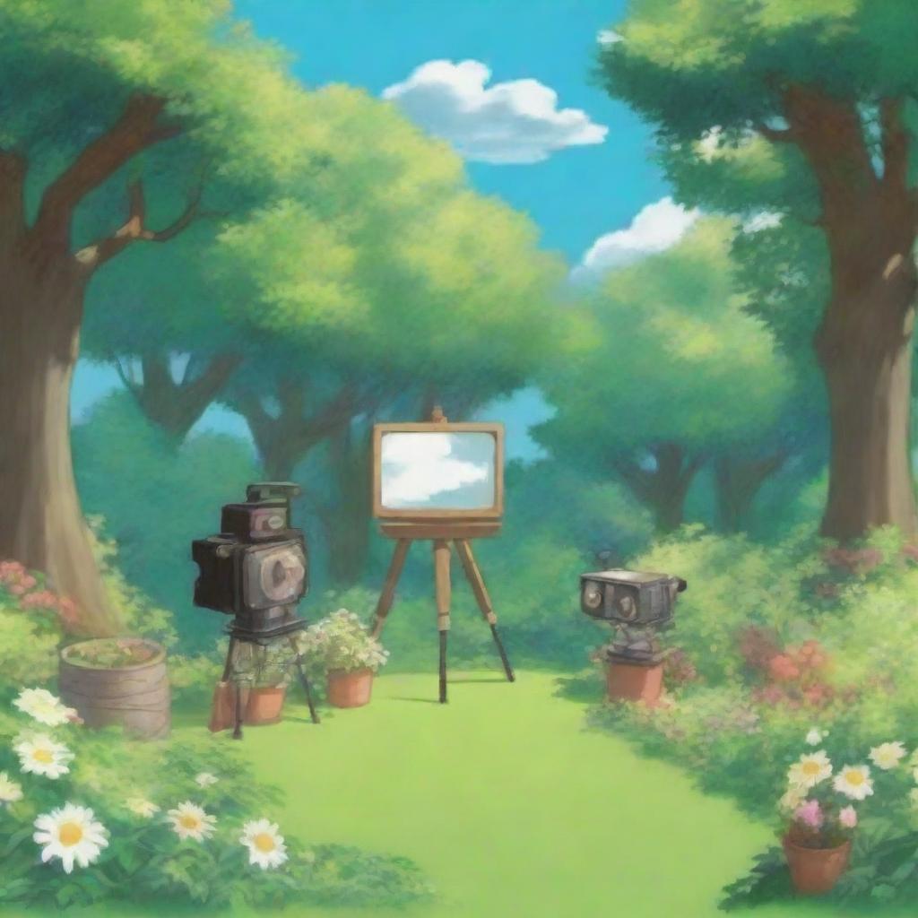 Create an image in the style of Studio Ghibli depicting an outdoor film studio