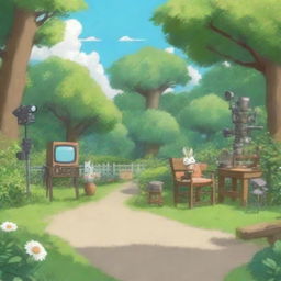 Create an image in the style of Studio Ghibli depicting an outdoor film studio