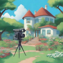 Create an image in the style of Studio Ghibli depicting an outdoor film studio