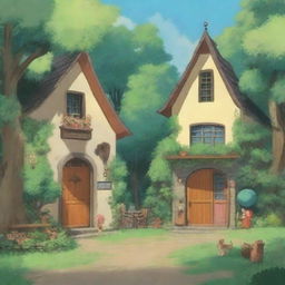 Create an image in the style of Studio Ghibli depicting an outdoor film studio