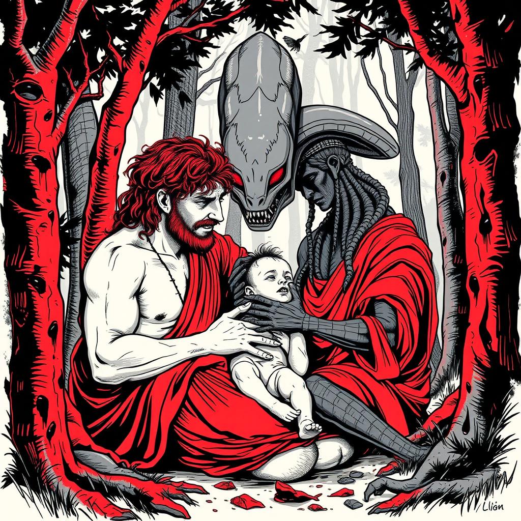 A poster-style illustration of Romulus and Remus, the legendary twin brothers from Roman mythology, being nurtured by an alien from the movie 'Alien: The Eighth Passenger' instead of a she-wolf