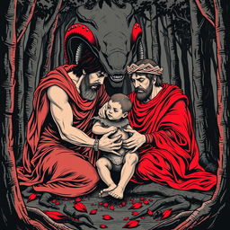 A poster-style illustration of Romulus and Remus, the legendary twin brothers from Roman mythology, being nurtured by an alien from the movie 'Alien: The Eighth Passenger' instead of a she-wolf