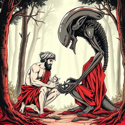 A poster-style illustration of Romulus and Remus, the legendary twin brothers from Roman mythology, being nurtured by an alien from the movie 'Alien: The Eighth Passenger' instead of a she-wolf