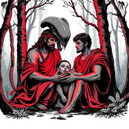 A poster-style illustration of Romulus and Remus, the legendary twin brothers from Roman mythology, being nurtured by an alien from the movie 'Alien: The Eighth Passenger' instead of a she-wolf