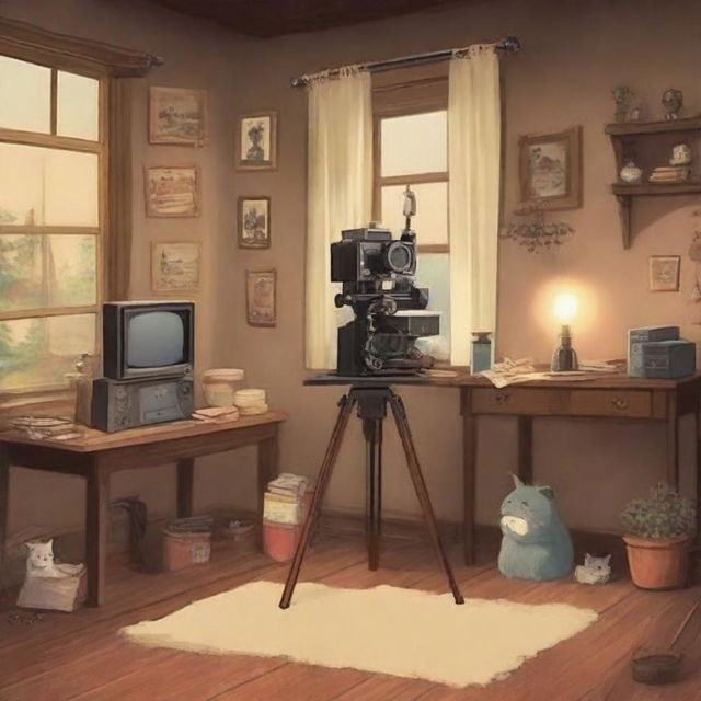 Create an image in the style of Studio Ghibli depicting a cozy film studio