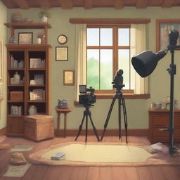 Create an image in the style of Studio Ghibli depicting a cozy film studio