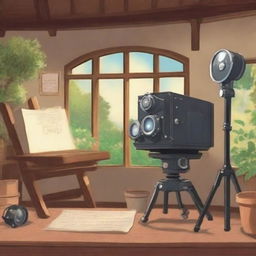 Create an image in the style of Studio Ghibli depicting a cozy film studio