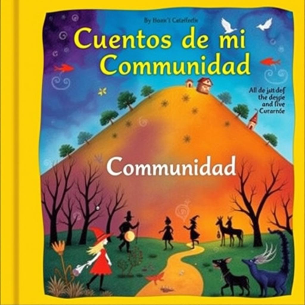 A storybook cover featuring a hill, trees, windmills, and mysterious colors like blue, purple, and orange