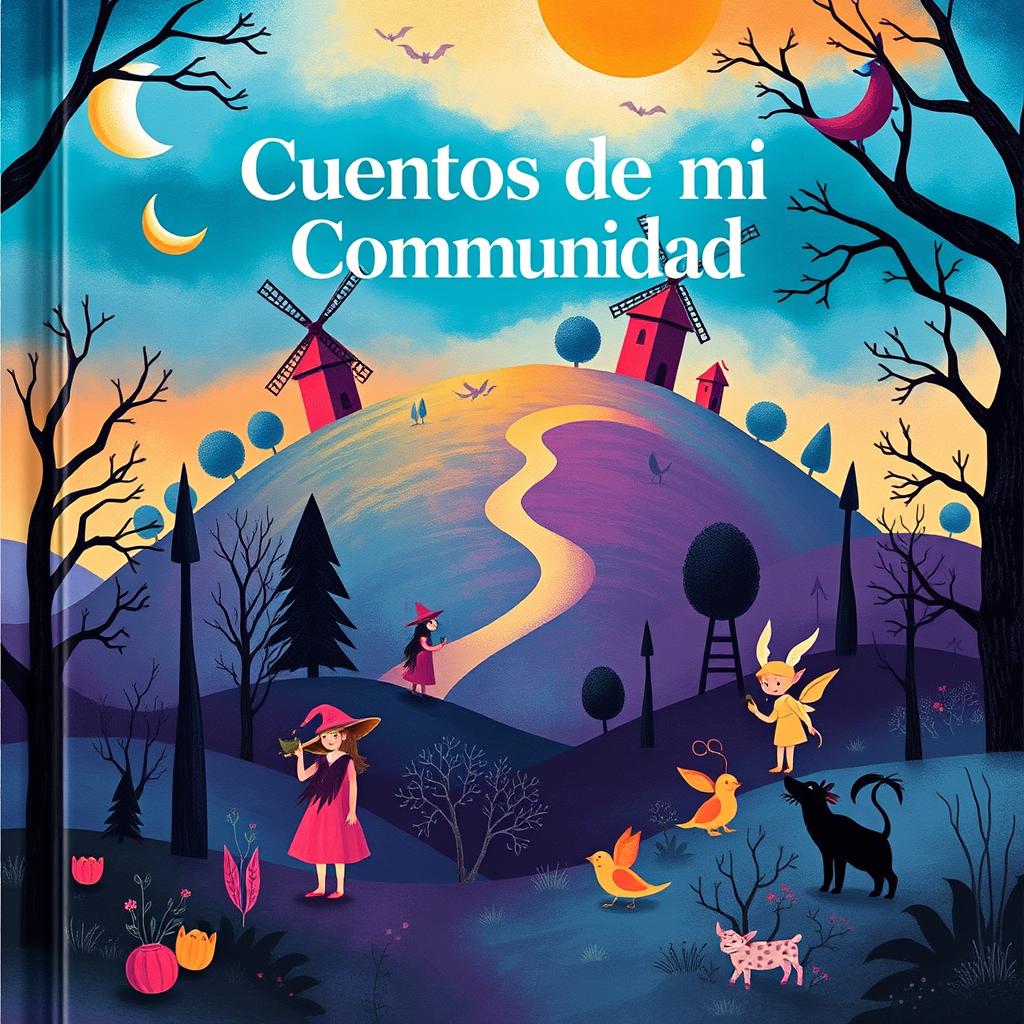 A storybook cover featuring a hill, trees, windmills, and mysterious colors like blue, purple, and orange