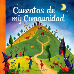 A storybook cover featuring a hill, trees, windmills, and mysterious colors like blue, purple, and orange