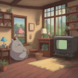 Create an image in the style of Studio Ghibli featuring a cozy film set