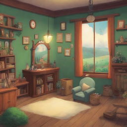 Create an image in the style of Studio Ghibli featuring a cozy film set