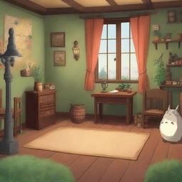 Create an image in the style of Studio Ghibli featuring a cozy film set