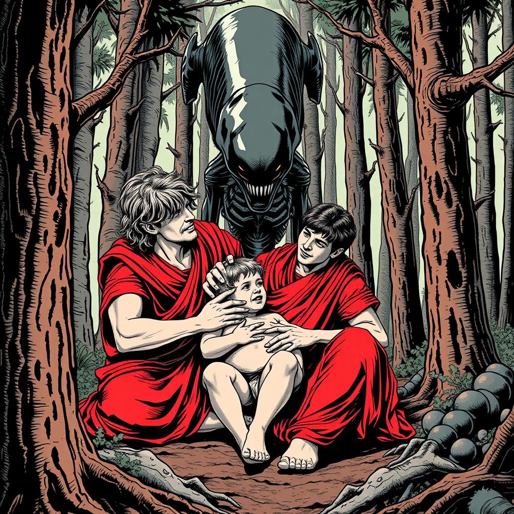 A detailed illustration of Romulus and Remus, the legendary twin brothers from Roman mythology, being nurtured by an alien from the movie 'Alien: The Eighth Passenger' instead of a she-wolf