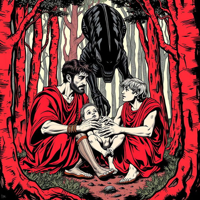 A detailed illustration of Romulus and Remus, the legendary twin brothers from Roman mythology, being nurtured by an alien from the movie 'Alien: The Eighth Passenger' instead of a she-wolf