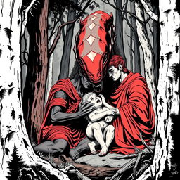 A detailed illustration of Romulus and Remus, the legendary twin brothers from Roman mythology, being nurtured by an alien from the movie 'Alien: The Eighth Passenger' instead of a she-wolf