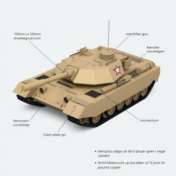 Create a detailed image of a modern tank weighing approximately 30-40 tons, featuring a 105mm or 120mm smoothbore cannon, a co-axial 7