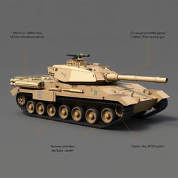 Create a detailed image of a modern tank weighing approximately 30-40 tons, featuring a 105mm or 120mm smoothbore cannon, a co-axial 7