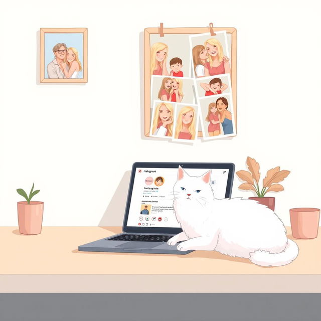 A delicate illustration in pastel tones featuring a laptop with a romantic Instagram page open