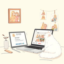 A delicate illustration in pastel tones featuring a laptop with a romantic Instagram page open