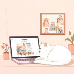 A delicate illustration in pastel tones featuring a laptop with a romantic Instagram page open