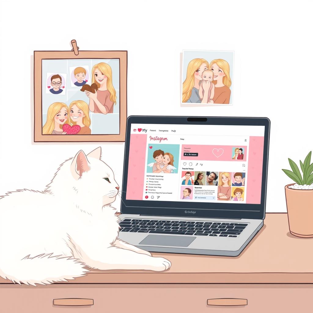 A delicate illustration in pastel tones featuring a laptop with a romantic Instagram page of Cupid open