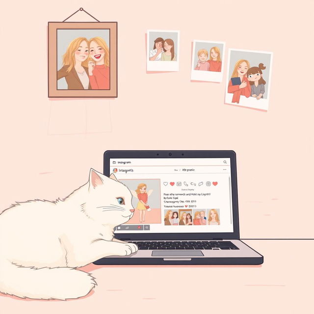 A delicate illustration in pastel tones featuring a laptop with a romantic Instagram page of Cupid open