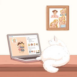 A delicate illustration in pastel tones featuring a laptop with a romantic Instagram page of Cupid open