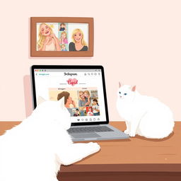 A delicate illustration in pastel tones featuring a laptop with a romantic Instagram page of Cupid open