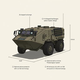 Create a detailed image of a military vehicle with a wheeled chassis (4x4 or 6x6), dimensions of 20 feet in length, 8 feet in width, and 8 feet in height