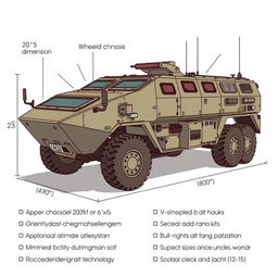 Create a detailed image of a military vehicle with a wheeled chassis (4x4 or 6x6), dimensions of 20 feet in length, 8 feet in width, and 8 feet in height